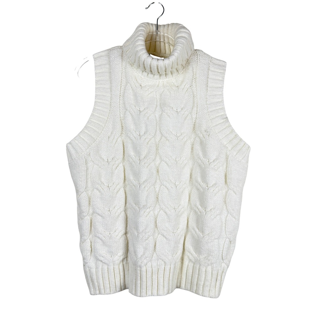 Ivory Cable Knit Sweater Vest Women M Turtleneck Chunky Sleeveless Forever 21